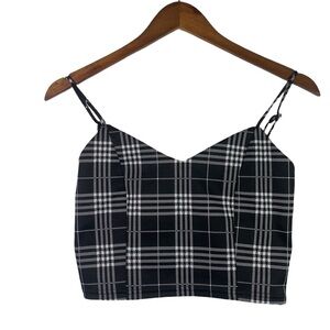 Love Tree Plaid Crop Top - Black/Grey, Spaghetti Straps, Size Small